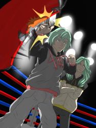 Rule 34 | 1boy, 1girl, adapted costume, alternate costume, arms up, boxing ring, byleth (fire emblem), byleth (male) (fire emblem), closed mouth, crossed arms, fire emblem, fire emblem: three houses, green eyes, green hair, highres, indoors, jacket, long hair, long sleeves, matching hair/eyes, nintendo, pants, punching, punching bag, raised fists, rhea (fire emblem), short hair, sweat, sweater