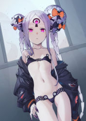 Rule 34 | 1girl, abigail williams (fate), abigail williams (swimsuit foreigner) (fate), abigail williams (swimsuit foreigner) (first ascension) (fate), bare shoulders, bikini, black bikini, black bow, black jacket, bow, breasts, collarbone, colored skin, double bun, fate/grand order, fate (series), forehead, hair bun, highres, jacket, karappo (keith8387), keyhole, long hair, long sleeves, looking at viewer, multiple bows, navel, off shoulder, open clothes, open jacket, orange bow, parted bangs, parted lips, pink eyes, sidelocks, small breasts, solo, swimsuit, thighs, third eye, very long hair, white hair, white skin, window