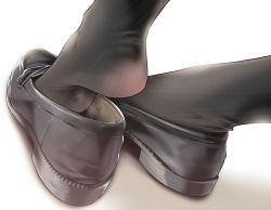 Rule 34 | 1girl, black footwear, black socks, close-up, commentary request, feet, feet only, fine fabric emphasis, footwear focus, heel pop, heel up, loafers, oouso, original, removing shoes, shoes, simple background, socks, soles, solo, steam, white background