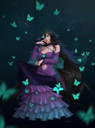 Rule 34 | 1girl, absurdres, arm under breasts, aylisnyan, black hair, breasts, bridal gauntlets, bug, butterfly, clothing cutout, crossed legs, dress, hair over one eye, highres, insect, large breasts, lips, long hair, looking at viewer, motion blur, navel, navel cutout, original, purple dress, sitting, solo, veil, very long hair
