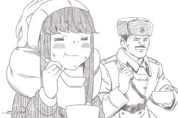 Rule 34 | 1boy, 1girl, :t, = =, blush, bowl, brown theme, character request, closed mouth, coat, dated, eating, closed eyes, facial hair, fur hat, hand up, hat, holding, holding bowl, holding spoon, horikou, long hair, long sleeves, military coat, monochrome, mustache, original, real life, scarf, short hair, signature, simple background, smile, soldier, soviet, soviet army, spoon, sweat, sweater, ushanka, very short hair, white background, yurucamp