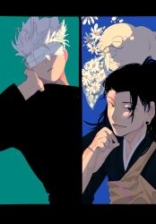 Rule 34 | 2boys, black eyes, black hair, black shirt, blindfold, blue background, character request, closed mouth, commentary request, flower, frown, getou suguru, gojou satoru, green background, hand on own neck, highres, jujutsu kaisen, long sleeves, looking at another, luoluoqqq, male focus, multiple boys, open mouth, shirt, short hair, simple background, smile, upper body, white blindfold, white flower, white hair