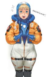 Rule 34 | 1girl, animification, apex legends, blonde hair, blue eyes, blue gloves, bodysuit, conto, french text, gloves, hood, hooded bodysuit, scar, short hair, simple background, smile, solo, thighs, wattson (apex legends), white background, wide hips