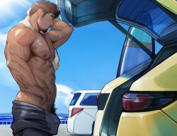 Rule 34 | 1boy, abs, bara, bare pectorals, black bodysuit, black hair, bodysuit, bodysuit pull, car, clothes down, cloud, day, facial hair, hand on own hip, highres, holding, holding towel, large pectorals, male focus, male pubic hair, motor vehicle, muscular, muscular male, navel hair, nipples, open bodysuit, open clothes, original, outdoors, paid reward available, pectorals, pubic hair, pubic hair peek, rew, short hair, sky, solo, tarutoru, towel, veins, veiny arms, wet