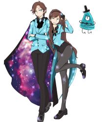 Rule 34 | 1boy, 1girl, aqua eyes, ascot, breasts, brooch, brother and sister, brown hair, cape, collared shirt, dark persona, dipper gleeful, facial mark, forehead mark, formal, gem, gloves, glowing jewelry, gravity falls, hachi (hati), hair ornament, hairband, jewelry, long hair, mabel gleeful, pantyhose, pentagram, shirt, short hair, siblings, sky, star (sky), starry sky, starry sky cape, swept bangs, twins, vest, will cipher