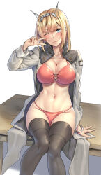 Rule 34 | 1girl, black thighhighs, blonde hair, blue eyes, blush, breasts, cleavage, closed mouth, coat, collarbone, feet out of frame, grey coat, headgear, highres, kantai collection, kokuzou, large breasts, long sleeves, looking at viewer, medium hair, navel, one eye closed, open clothes, open coat, rodney (kancolle), simple background, sitting, smile, solo, thighhighs, v, white background
