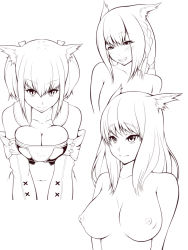 Rule 34 | 10s, 3girls, animal ears, bad id, bad pixiv id, blush, bow, braid, breasts, cat ears, collarbone, detached sleeves, final fantasy, final fantasy xiv, hair bow, highres, large breasts, miqo&#039;te, monochrome, multiple girls, nanashi maru, navel, nipples, nude, short hair, slit pupils, smile, twintails