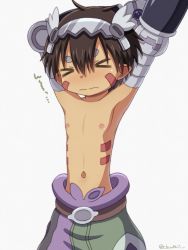 Rule 34 | 1boy, brown hair, clant st, closed eyes, closed mouth, commentary request, dark-skinned male, dark skin, facial mark, made in abyss, male focus, navel, nipples, regu (made in abyss), simple background, solo, solo focus, stretched limb, stretching, topless male, white background