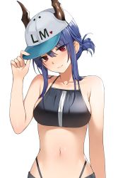 Rule 34 | 1girl, adjusting clothes, adjusting headwear, arknights, bad id, bad pixiv id, bare arms, bare shoulders, baseball cap, bikini, black bikini, blue hair, canape (canape0130), ch&#039;en (arknights), ch'en (arknights), commentary, dragon horns, female tourist c (arknights), hair between eyes, hand up, hat, head tilt, highres, horns, horns through headwear, looking at viewer, navel, official alternate costume, red eyes, short hair, simple background, smile, solo, stomach, swimsuit, upper body, white background