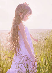 Rule 34 | 1girl, animal ears, bare shoulders, cat ears, dress, expressionless, feiqizi (fkey), field, fkey, flat chest, from side, grass, grey hair, highres, horizon, long hair, original, outdoors, outstretched arms, profile, red eyes, sky, solo, sundress, tall grass, wavy hair, white dress