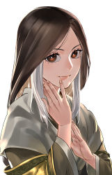 Rule 34 | 1girl, brown eyes, brown hair, closed mouth, commentary, crumbs, divine child of rejuvenation, english commentary, highres, japanese clothes, kimono, long hair, long sleeves, looking at viewer, m0biuzz, multicolored hair, parted bangs, sekiro: shadows die twice, smile, solo, white background, white hair