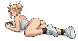 Rule 34 | 1girl, ass, back, bare shoulders, black panties, black socks, blonde hair, blunt bangs, blush, boku no hero academia, closed mouth, controller, double bun, from side, full body, game controller, hair bun, highres, holding, holding controller, holding game controller, lentiyay, looking at viewer, looking back, lying, medium hair, messy hair, on stomach, panties, shirt, shoelaces, shoes, sidelocks, simple background, sleeveless, sleeveless shirt, smile, sneakers, socks, solo, tagme, toga himiko, underwear, white background, white footwear, white shirt, yellow eyes
