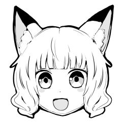 Rule 34 | 1girl, :d, animal ears, batta (kanzume quality), blunt bangs, blush stickers, chibi, fox ears, greyscale, looking at viewer, monochrome, open mouth, original, short hair, simple background, smile, solo, white background