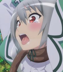 Rule 34 | 1girl, ahegao, anime screenshot, arms up, blush, dress, futoku no guild, green dress, highres, maidena angers, open mouth, red eyes, screencap, silver hair, stitched, strangling, tearing up, third-party edit, tongue, tongue out