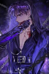 Rule 34 | 1boy, artist name, bishounen, black background, blood, buckle, chain, cloak, closed mouth, danke reverse d, ear piercing, earrings, fighting stance, from side, high collar, highres, holding, holding weapon, hood, hood up, hooded cloak, jewelry, long sleeves, love and deepspace, male focus, multiple piercings, open clothes, open shirt, piercing, purple background, purple cloak, purple eyes, purple hair, rafayel (love and deepspace), silver trim, simple background, solo, two-tone background, weapon, wiping blood