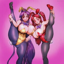 Rule 34 | 2girls, animal ears, armpits, asymmetrical docking, blush, bow, bowtie, breast press, breasts, cleavage, commission, eiken, fake animal ears, forehead, gluteal fold, gold leotard, hair between eyes, hand on another&#039;s shoulder, high heels, highres, huge breasts, keigi, large breasts, leg up, leotard, long hair, misono kirika, multiple girls, pantyhose, playboy bunny, ponytail, purple eyes, purple hair, rabbit ears, rabbit tail, red eyes, red hair, red leotard, shinonome chiharu, simple background, smile, split, standing, standing on one leg, standing split, sweat, tail, thick thighs, thighs, twintails, very long hair, worried, wrist cuffs, yellow leotard