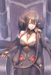 Rule 34 | 1girl, absurdly long hair, bad id, bad pixiv id, bare shoulders, black dress, black hair, breasts, bridal gauntlets, chair, cleavage, closed mouth, commentary, detached sleeves, dress, english commentary, facing viewer, fate/apocrypha, fate/grand order, fate (series), finger to cheek, fur trim, hair between eyes, highres, indoors, large breasts, long dress, long hair, looking at viewer, pointy ears, queen, semiramis (fate), sitting, smile, solo, spikes, throne, very long hair, x82830, yellow eyes