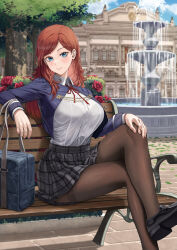 Rule 34 | 1girl, bag, bench, black footwear, black pantyhose, blue eyes, blue jacket, breasts, collared shirt, commentary, commission, crossed legs, day, english commentary, foot out of frame, fountain, hand on own knee, highres, jacket, large breasts, long hair, long sleeves, looking at viewer, neck ribbon, original, outdoors, pantyhose, plaid, plaid skirt, pleated skirt, red hair, red ribbon, ribbon, school bag, school uniform, shirt, shirt tucked in, shoes, silvertsuki, sitting, skirt, smile, solo, swept bangs, thighband pantyhose, white shirt