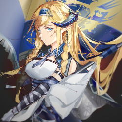 Rule 34 | 1girl, absurdres, arknights, arm strap, bare shoulders, black gloves, blonde hair, blue eyes, blue hairband, blue necktie, braid, breasts, elbow gloves, flag, gloves, hairband, hanyue, highres, horns, kingdom of victoria logo, long hair, looking at viewer, medium breasts, necktie, pointy ears, saileach (arknights), shirt, solo, twin braids, upper body, white shirt