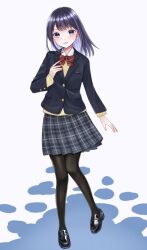 Rule 34 | 1girl, black hair, blazer, blue eyes, bow, bowtie, collared shirt, full body, highres, jacket, loafers, long hair, long sleeves, looking at viewer, open mouth, original, pantyhose, plaid, plaid skirt, pleated skirt, school uniform, shirt, shoes, skirt, smile, solo, suzuko (suzukosz), sweater
