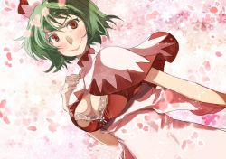 Rule 34 | 1girl, blush, breasts, capelet, cleavage, cosplay, green hair, hat, kazami yuuka, large breasts, lily white, lily white (cosplay), petals, red eyes, smile, solo, touhou, yohane