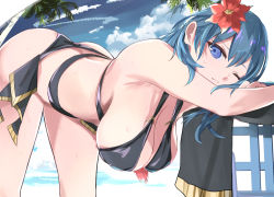 Rule 34 | 1girl, arm rest, ass, beach towel, bent over, bikini, black bikini, blue eyes, blue hair, breasts, byleth (female) (fire emblem), byleth (female) (summer) (fire emblem), byleth (fire emblem), cleavage, closed mouth, cloud, cloudy sky, fire emblem, fire emblem: three houses, flower, hair flower, hair ornament, hanging breasts, hibiscus, large breasts, long hair, nintendo, official alternate costume, one eye closed, palm tree, sky, solo, swimsuit, tomas (kaosu22), towel, tree