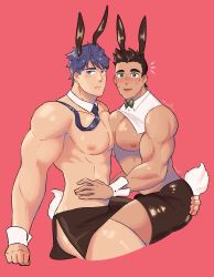 Rule 34 | 2boys, alternate costume, alternate pectoral size, animal ears, apron, ass grab, bad id, bad twitter id, bara, bare pectorals, black hair, blush, bow, bowtie, cropped legs, dark-skinned male, dark skin, detached collar, fire emblem, highres, ike (fire emblem), interracial, jon (jonigiri), large pectorals, little mac, looking at viewer, male focus, multiple boys, muscular, muscular male, necktie, nintendo, nipples, pectoral docking, pectoral press, pectorals, puffy chest, punch-out!!, rabbit boy, rabbit ears, rabbit tail, revealing clothes, short hair, side slit, simple background, stomach, super smash bros., sweat, tail, thick thighs, thighs, waist apron, wrist cuffs, yaoi