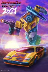 Rule 34 | absurdres, alternate color, artist name, autobot, blue eyes, car, chinese zodiac, clenched hand, gun, happy new year, highres, holding, holding gun, holding weapon, lamborghini, lamborghini countach, mecha, motor vehicle, new year, no humans, open mouth, robot, running, science fiction, shoulder cannon, sideswipe, transformers, vehicle focus, weapon, yasukuni kazumasa, year of the ox