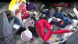 1girl absurdres amate_yuzuriha ankle_boots ass beanie black_hat blush bodysuit boots breasts from_side glowing glowing_eyes gquuuuuux green_eyes grey_eyes gundam gundam_gquuuuuux hair_between_eyes haro hat highres looking_at_viewer mecha mecha_pilot_suit medium_breasts mobile_suit non-humanoid_robot parted_lips red_bodysuit red_hair robot science_fiction shoe_soles short_hair signature skin_tight teeth tetsuya_tsuji two-tone_bodysuit v-fin white_bodysuit white_footwear zero_gravity