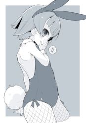 Rule 34 | 1girl, alternate costume, animal ears, arare (kancolle), bow, bowtie, child, covering own mouth, cowboy shot, cropped legs, detached collar, fake animal ears, fishnet pantyhose, fishnets, flat chest, greyscale, kantai collection, leotard, monochrome, pantyhose, playboy bunny, rabbit ears, rabbit tail, salamander (hop-step), short hair, solo, tail, two-tone background, wrist cuffs