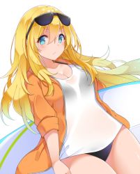 Rule 34 | 1girl, bad id, bad twitter id, bikini, black bikini, blonde hair, blue eyes, blush, breasts, cleavage, closed mouth, hair between eyes, halterneck, highres, holding, jacket, long hair, looking at viewer, medium breasts, open clothes, open jacket, orange jacket, original, shirt, simple background, solo, sunglasses, sunglasses on head, surfboard, suruga (xsurugax), swimsuit, thick eyebrows, wet, wet clothes, wet shirt, white background, white shirt