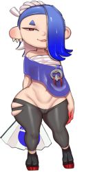 Rule 34 | 1girl, absurdres, bandages, beak, black pants, blue hair, blush, breasts, chest sarashi, ear piercing, earrings, eyebrows, eyelashes, fangs, greyimpaction, hair over one eye, highres, jewelry, looking at viewer, medium breasts, midriff, navel, nintendo, no panties, octoling player character, pants, piercing, pointy ears, red eyes, sarashi, see-through, shiver (splatoon), short hair, smile, solo, splatoon (series), splatoon 3, standing, symbol-shaped pupils, thighs, tight clothes, tight pants, torn clothes, white background, wide hips