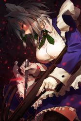 Rule 34 | 1girl, absurdres, apron, black thighhighs, bow, bow (weapon), braid, breasts, buttons, collared shirt, crossbow, dress shirt, frills, from side, gloves, green bow, greenkohgen, hair bow, hair intakes, highres, holding, holding knife, holding weapon, izayoi sakuya, knife, large breasts, long hair, long sleeves, maid apron, maid headdress, profile, red eyes, shirt, silver hair, solo, string, string of fate, thighhighs, touhou, twin braids, twitter username, weapon, white gloves, wing collar