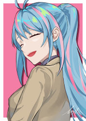 Rule 34 | 1girl, ^ ^, absurdres, azura cecillia, blue hair, border, closed eyes, commentary, cungi van houten, from behind, green jacket, hair behind ear, highres, jacket, multicolored hair, nijisanji, nijisanji id, pink background, pink hair, portrait, signature, smile, solo, streaked hair, symbol-only commentary, virtual youtuber, white border
