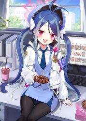 Rule 34 | 1girl, antenna hair, armband, bitseon, black pantyhose, blue archive, blue armband, blue hair, blue necktie, blue skirt, blue vest, blush, bow, chocolate doughnut, collared shirt, commentary, cup, day, desk, disposable cup, doughnut, drinking straw, english commentary, food, fubuki (blue archive), grey hair, hair bow, hair ornament, head tilt, heart, heart hair ornament, highres, indoors, jacket, jitome, keyboard (computer), long hair, long sleeves, looking at viewer, low twintails, monitor, multicolored hair, necktie, on desk, open mouth, pantyhose, police, police badge, police uniform, policewoman, red eyes, shirt, sidelocks, sitting, on desk, skirt, smile, solo, streaked hair, swept bangs, thigh gap, twintails, uniform, very long hair, vest, walkie-talkie, white bow, white jacket, white shirt, window