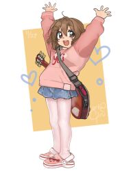 Rule 34 | 1girl, :d, arms up, blue skirt, brown eyes, brown hair, character name, crocs, electric guitar, full body, girutea, guitar, hair ornament, hairclip, heart, highres, hirasawa yui, instrument, jacket, k-on!, looking at viewer, open mouth, pantyhose, pink jacket, simple background, skirt, smile, solo, standing, teeth, upper teeth only