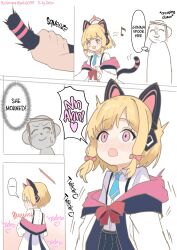 Rule 34 | ..., ^^^, animal ear headphones, animal ears, black skirt, blonde hair, blue archive, blue necktie, blush, bow, bowtie, cat ear headphones, cat tail, check translation, doodle sensei (blue archive), fake animal ears, grabbing another&#039;s tail, hair bow, halo, hard-translated, headphones, heart, highres, hood, hoodie, karimea, momoi (blue archive), multiple hair bows, musical note, necktie, open mouth, pink eyes, pink halo, pink hoodie, red bow, red bowtie, sensei (blue archive), shirt, short hair, short twintails, skirt, speech bubble, suspender skirt, suspenders, tail, third-party edit, thought bubble, translation request, twintails, white shirt
