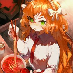 Rule 34 | 1girl, black pants, blowing, blowing on food, bow, brown hairband, chopsticks, collared shirt, commentary, cup, food, green eyes, hair bow, hairband, hamelon310, highres, holding, holding chopsticks, holding spoon, ishmael (project moon), limbus company, long hair, looking at food, necktie, noodles, orange hair, pants, project moon, red necktie, shirt, sitting, solo, spoon, steam, sweat, symbol-only commentary, tie clip, white bow, white shirt