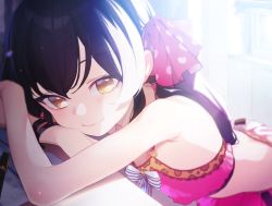 Rule 34 | 1girl, bare shoulders, bent over, black hair, blush, commentary request, doremi (doremi4704), hair between eyes, hair ribbon, head rest, idolmaster, idolmaster cinderella girls, indoors, long hair, looking at viewer, lying, matoba risa, o-ring, on stomach, pen, polka dot, polka dot ribbon, ribbon, smile, solo, twintails, wristband, yellow eyes