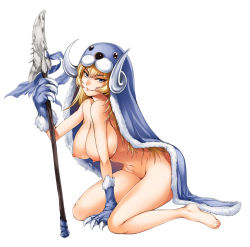 Rule 34 | &gt;:), 1girl, animal hands, bare legs, bare shoulders, barefoot, blonde hair, blue eyes, breasts, claws, cloak, full body, fur trim, gen (genetrix), large breasts, long hair, looking at viewer, monster girl, monster girl encyclopedia, naked cloak, navel, nipples, polearm, selkie (monster girl encyclopedia), simple background, sitting, smile, smirk, solo, spear, v-shaped eyebrows, weapon, white background