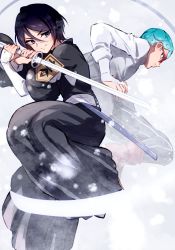 Rule 34 | 1boy, 1girl, back-to-back, black eyes, black hair, black pants, bleach, blue hair, closed mouth, crossover, fingerless gloves, ghiaccio, glasses, gloves, holding, holding sword, holding weapon, jacket, japanese clothes, jojo no kimyou na bouken, katana, kuchiki rukia, long sleeves, looking at another, looking back, pants, red footwear, sheath, short hair, smile, snowing, soraao0322, sword, vento aureo, weapon, white background, white gloves, white jacket