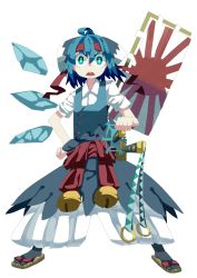 Rule 34 | 1girl, bad id, bad pixiv id, bandana, banner, bell, blue eyes, blue hair, bow, cirno, dress, flag, green eyes, hair bow, highres, ice, ice wings, jingle bell, matching hair/eyes, open mouth, ribbon, rising sun flag, sandals, sashimono, short hair, snowflakes, solo, sunburst, sword, the omoti, touhou, weapon, wings