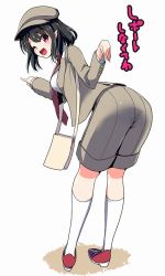 Rule 34 | 1girl, alternate costume, alternate headwear, amisu, ass, bag, black hair, contemporary, flat cap, forbidden scrollery, full body, hat, jacket, kneehighs, long sleeves, looking at viewer, looking back, necktie, one eye closed, open mouth, pantylines, pointy ears, red eyes, revision, shameimaru aya, shameimaru aya (newsboy), shirt, shoes, short hair, shorts, shoulder bag, simple background, smile, sneakers, socks, solo, text focus, touhou, translation request, vest, white background, white socks