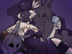 Rule 34 | 3girls, black dahlia, black lips, blue background, braid, braided bun, breasts, cape, cleavage, cup, cyborg, dress, feather hair ornament, fur hat, hair bun, hair ornament, hat, highres, holding, holding cup, large breasts, looking at viewer, lying, mask, monochrome, multiple girls, on side, pillbox hat, skullgirls, smile, solo focus, spot color, teacup, veil, white hair, yabo yaboo