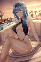 Rule 34 | 1girl, absurdres, bare arms, bare legs, bare shoulders, black one-piece swimsuit, blonde hair, blush, breasts, closed mouth, eula (genshin impact), genshin impact, hairband, highres, legs, medium breasts, navel, one-piece swimsuit, rayleigh scale, sitting, smile, swimsuit, yellow eyes
