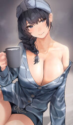 Rule 34 | 1girl, absurdres, black hair, blue shirt, blue shorts, blush, braid, braided ponytail, breasts, cleavage, cup, head tilt, highres, holding, holding cup, inushima, large breasts, looking at viewer, mole, mole under mouth, original, shirt, shorts, single bare shoulder, smile, solo, steam, striped clothes, striped shirt
