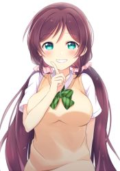 Rule 34 | 1girl, blush, bow, bowtie, cardigan, clenched teeth, commentary request, green bow, green bowtie, green eyes, index finger raised, long hair, love live!, love live! school idol project, low twintails, pimi (ringsea21), purple hair, school uniform, shirt, short sleeves, simple background, smile, solo, striped bow, striped bowtie, striped clothes, striped neckwear, teeth, tojo nozomi, twintails, white background, white shirt, yellow cardigan