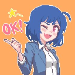 Rule 34 | 1girl, ahoge, blue hair, collared shirt, commentary, english commentary, formal, hcnone, one eye closed, open mouth, orange background, original, pixel art, pointing, red eyes, shirt, short hair, simple background, skye (hcnone), solo, star (symbol), suit, upper body, white shirt