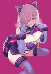 Rule 34 | 1girl, animal ear fluff, animal ears, artist name, black nails, breasts, claw pose, cleavage, commentary, cosplay, cropped legs, fang, fang out, fate/grand order, fate (series), fur-trimmed gloves, fur-trimmed legwear, fur trim, gloves, hair over one eye, halloween costume, highres, lace, lace-trimmed legwear, lace trim, large breasts, light purple hair, looking at viewer, mash kyrielight, mash kyrielight (dangerous beast), mash kyrielight (dangerous beast) (cosplay), nail polish, naopy, official alternate costume, pink background, purple eyes, purple gloves, purple legwear, revealing clothes, short hair, smile, solo, tail, thighs, wolf ears, wolf tail