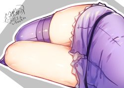 Rule 34 | 1girl, 2017, close-up, dated, dress, grey background, highres, kitasaya ai, legs, lower body, lying, microdress, on side, outline, purple dress, purple thighhighs, signature, single thighhigh, solo, thighhighs, thighs, vocaloid, voiceroid, yuzuki yukari